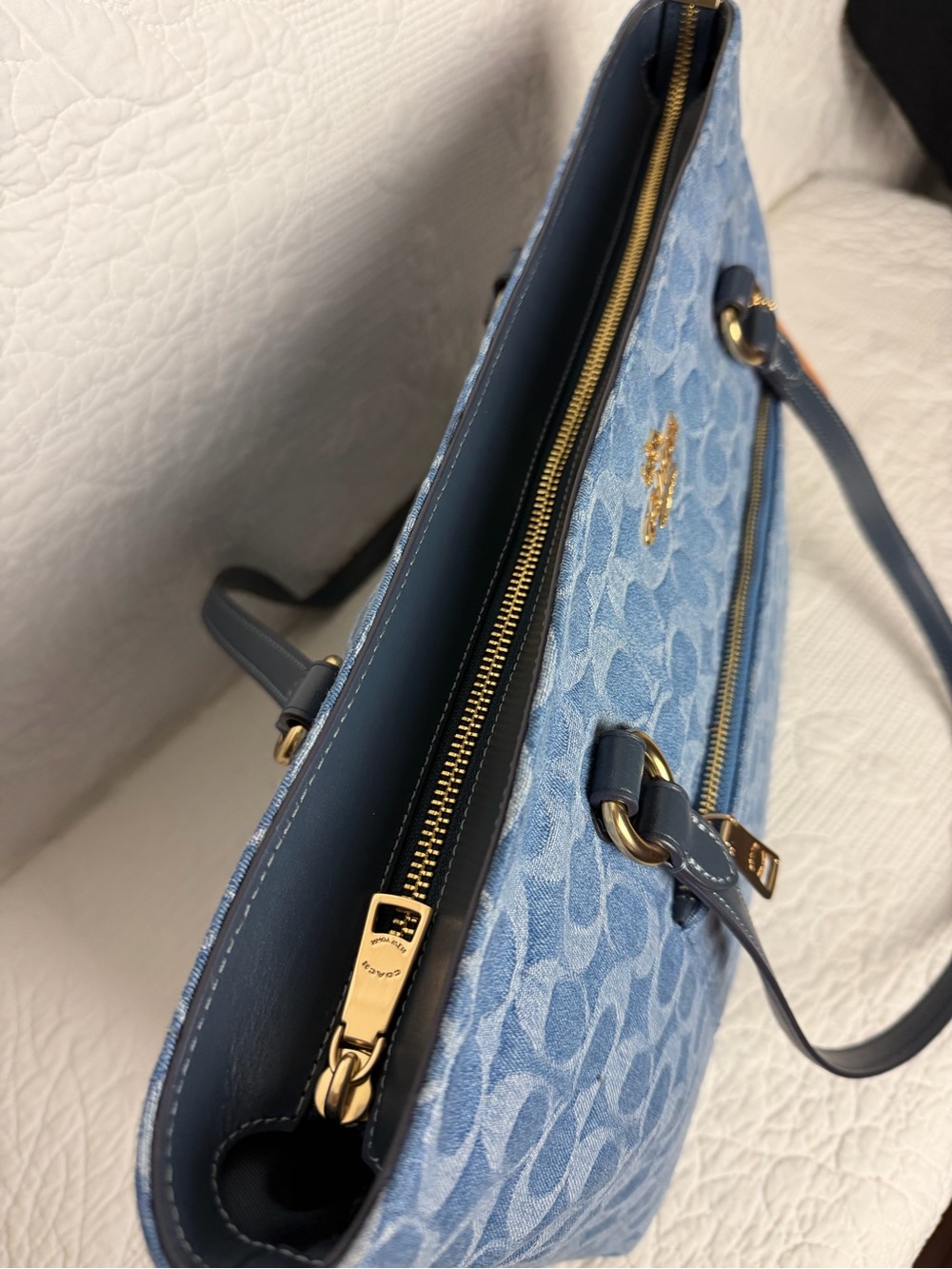 Coach Blue Signature Denim Tote with Leather Trim - Picture 6 of 8